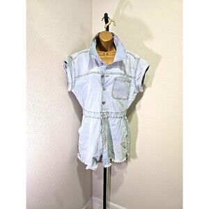 Y2K Rockabilly Grunge Cap Sleeve Boilersuit Shorts Romper Denim Stretch Womens M